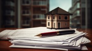 A stack of mortgage documents with a pen. Generative AI